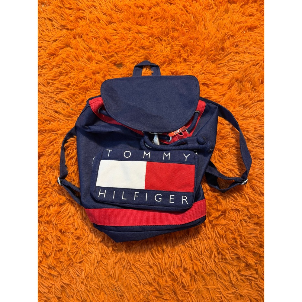 Tommy Hilfiger Vintage Canvas Backpack Navy Red White Flag Logo Rucksack